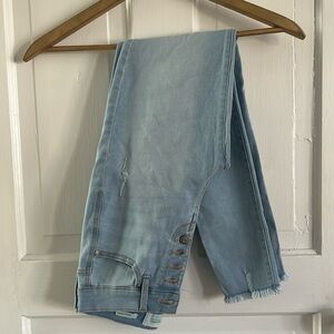 High waist button fly light wash skinny jeans
